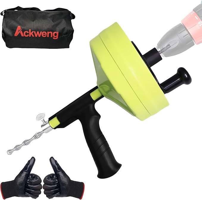 Drain Snake 50 Ft, Plumbing Snake for Sink with Drill Attachment, Snake Drain Clog Remover for Shower Drain and Sink, Manual or Powered Use, Comes with Gloves and Storage Bag, 1/4 Inch, Light Green