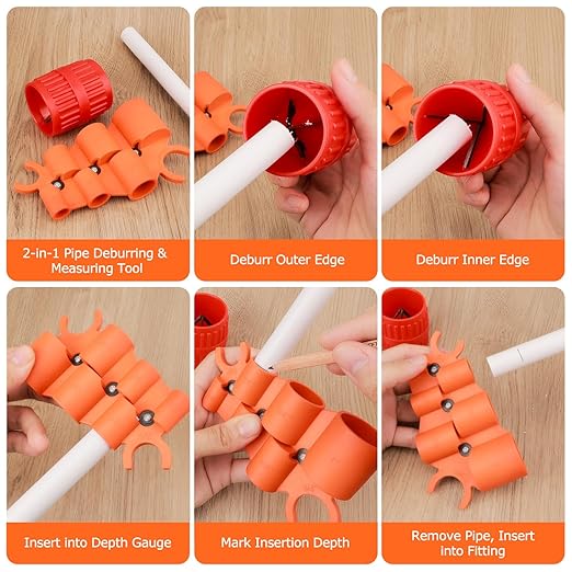 1/4''–1'' Depth Gauge and 1/8'' to 1-5/8'' Pipe Deburring Tool Kit, Plumbing Tool Set with Inner-Outer Reamer and Chamfer Tool for PVC, PPR, CPVC, Copper, Brass, Aluminum Tubing, 2 Pack