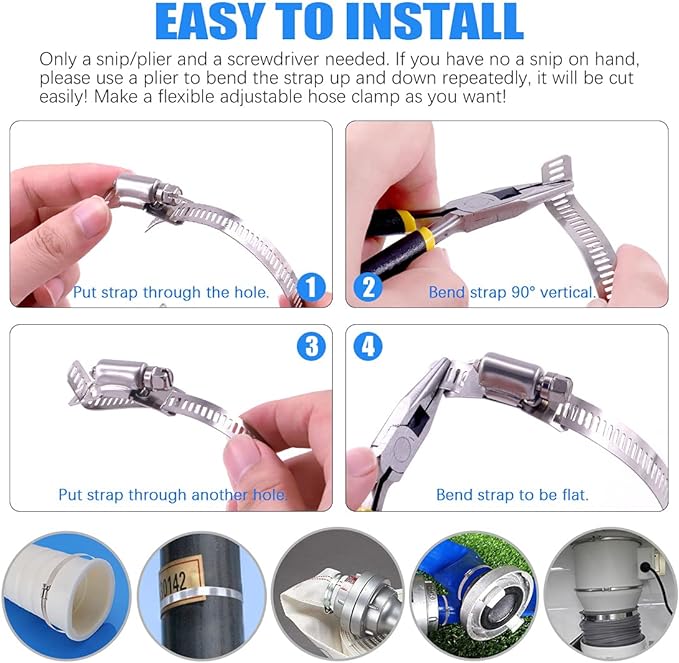 Glarks 7Pcs 10 Feet Long Worm Gear Hose Clamp with Fasteners, 304 Stainless Steel Large Adjustable Pipe Clamps with 6Pcs Fasteners for Ductwork, Pole Securing and Strapping (10 FT Strap +6 Fasteners)