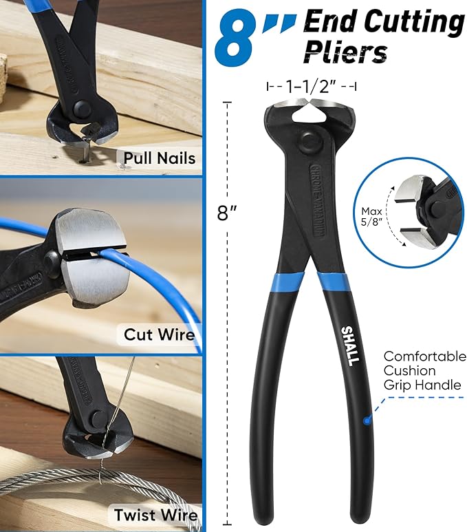 SHALL 4-Piece Pry Bar Set, 12-Inch Cats Paw Nail Puller, 10-Inch & 7.5-Inch Flat Claw Pry Bars, 8-Inch End Cutting Pliers, Utility Wonder Crowbar, Nail Remover Tool for Baseboard, Floor, Nails Removal