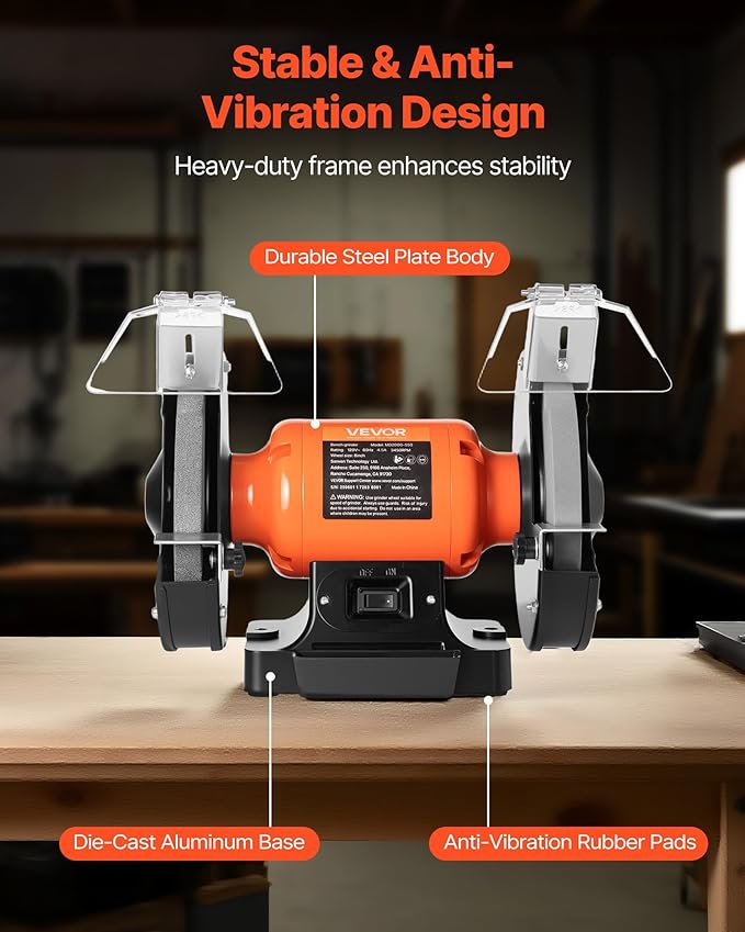 VEVOR Bench Grinder, 8-inch Single Speed Bench Grinder, 3450RPM High-Speed Table Grinders with 550W 4.5A Induction Motor, 36/60-Grit Grinding Wheel & Adjustable Eye Shield for Fast Sharpening Grinding