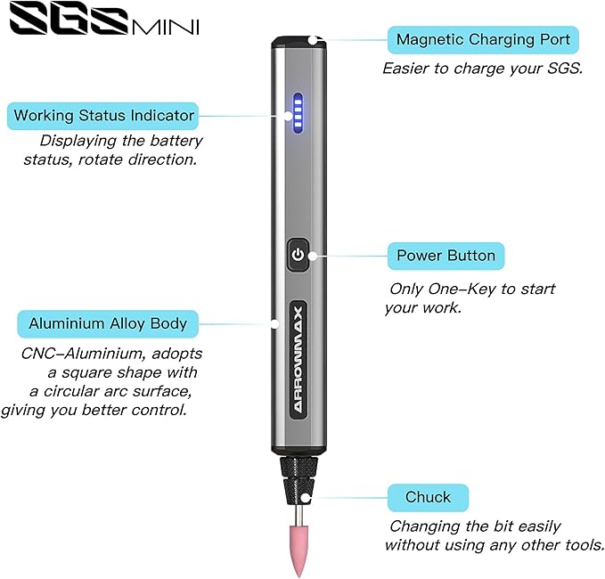 AM ARROWMAX Electric Mini Engraving Pen with 36 Bits, Aluminum Case, APP, Wireless Magnetic Charger, Tool Bag, Cordless Rotary Tool，Engraving Pen for Metal, Wood, Glass and Plastic (SGS Mini Plus)