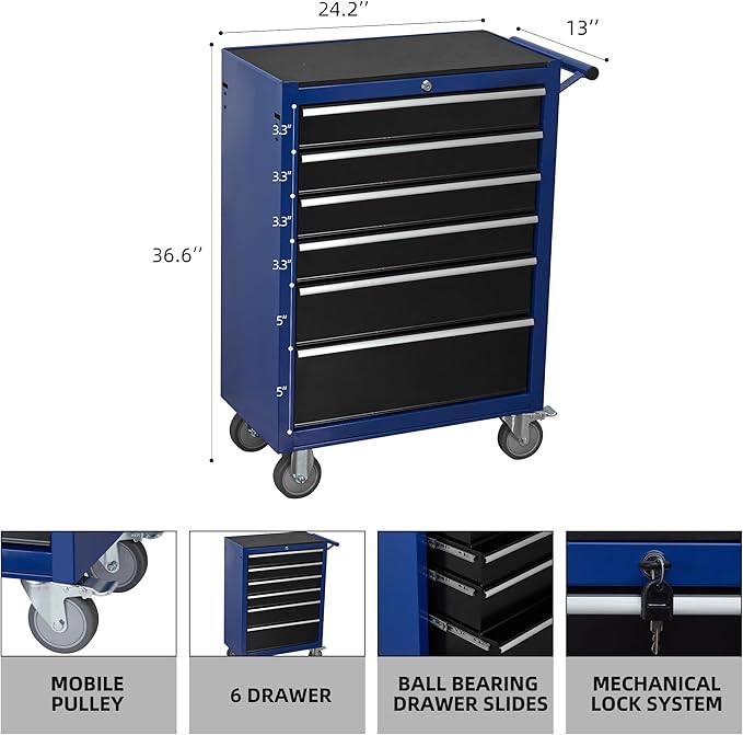 6-Drawer Rolling Tool Chest Cabinet, Large Capacity Metal Tool Box with Wheels and Keyed Locking, Roll Around Storage Organizer Tool Cart for Garage, Warehouse, Work Shop (Blue)