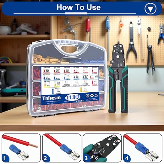 Tnisesm 1100pcs Wire Connectors - Insulated Electrical Wire Terminals with Crimp/Stripping/Cutting Multifunction Wire Crimping Tool 22-10AWG- Ring, Butt, Spade, Fork Connector Kit