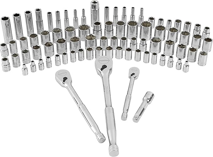 GreatNeck HC82U 82-Piece Mechanic's Tool Set – SAE & Metric, 1/4", 3/8", 1/2" Drive Socket Set, Chrome Vanadium, Posi-Grip No-Slip™, Reversible Ratchets, Storage Case Included