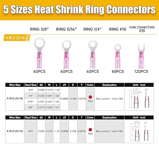 360PCS Marine Grade Heat Shrink Wire Connectors-Electrical Connectors Kit of Tinned Red Copper,Crimp Insulated Ring Fork Spade Butt Splice AWG22-16 Gauge (360pcs Red, AWG 22-16)