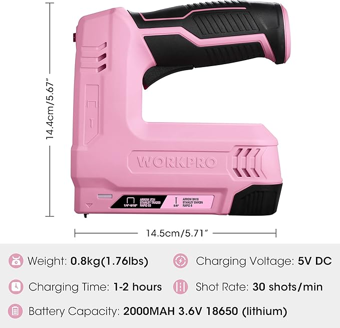 WORKPRO Electric Staple Gun, 2-in-1 Brad Nailer Electric with 2000PCS Staples Nails & USB Charger, 3.6V Staple Gun for Upholstering, Crafts, Carpentry, DIY, Pink Ribbon
