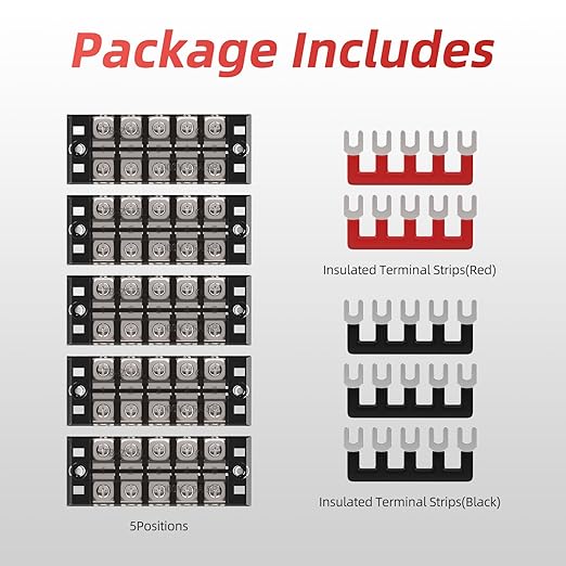 APIELE Screw Terminal Block Covered 5 Position Dual Row 25A 5 Position Pre-Insulated Terminal Barrier Strips (5PCS 25A 5P+5PCS Wiring Strips)