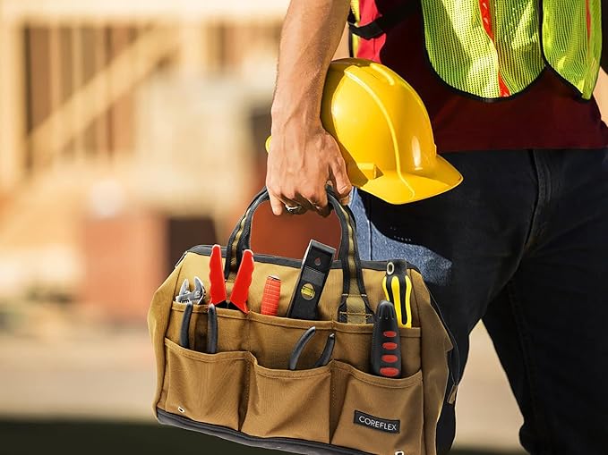 Coreflex 14 inch Wide-Mouth Tool Bag, Gear Bag, Multiple Purpose - for Plumbers, Electricians, Handymen also good for daily use, office use and camping. (Tan)