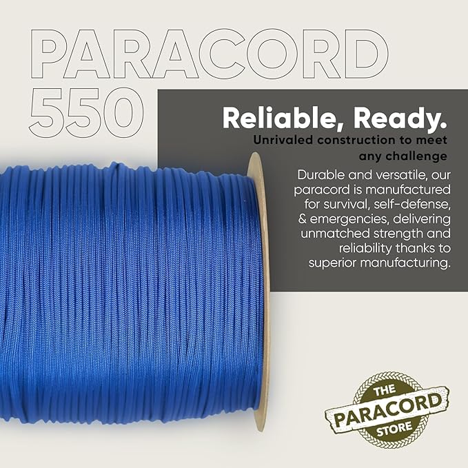 The Paracord Store | Type III 550 Paracord - 250 FT Spool, Electric Blue | Heavy Duty 7 Strand Tactical Paracord - USA Made Nylon Outdoor Parachute Cord for Camping, Fishing & More - Survival Cord