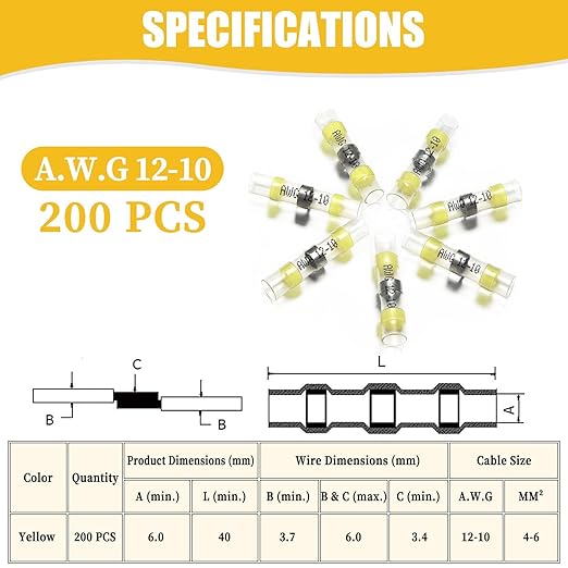 200PCS Solder Seal Wire Connectors Yellow, 12-10 AWG Self Soldering Heat Shrink Wire Connectors Marine Grade Waterproof Insulated Electrical Butt Splice Wire Terminals for Automotive Boat Truck