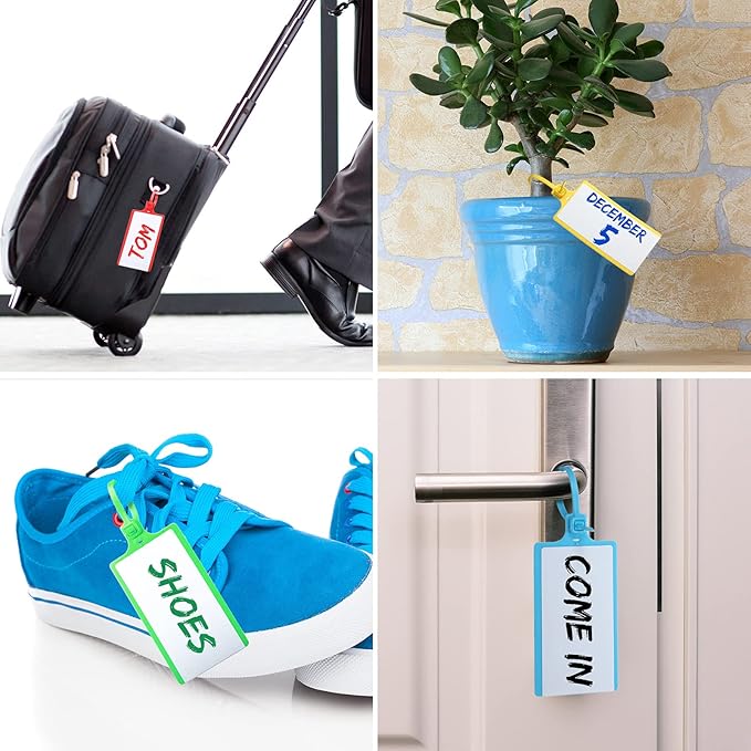 Pajean Waterproof Plastic Tags with Marker Pens and Sticker Labels, Self Locking Bag Writable Tags with Wire Cable Ties for Luggage(Multi Colors,50 Pieces)