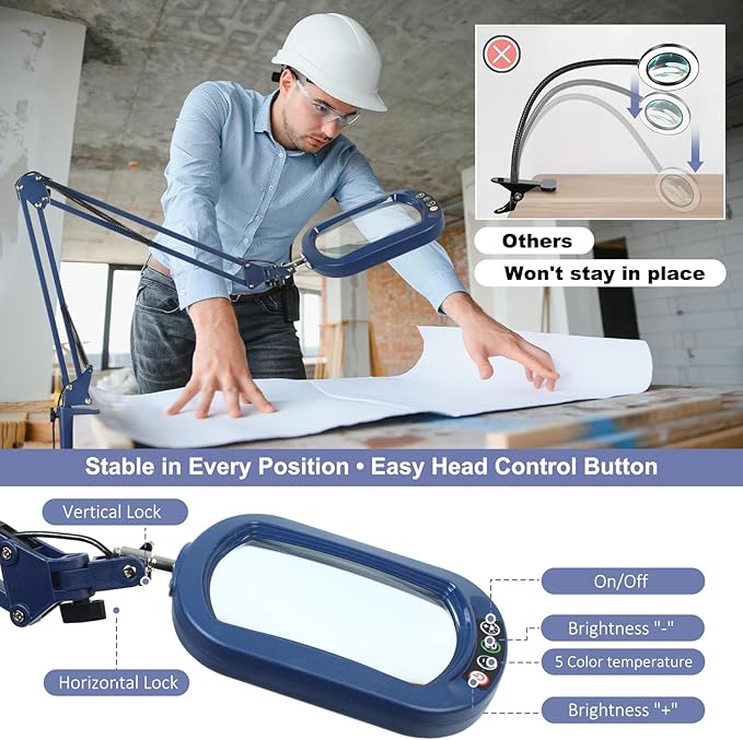 10X Rectangle Magnifying Glass with Light and Clamp, 5 Color Modes Stepless Dimmable, Lighted Magnifier with Stand Hands Free, Flexible Swing Arm LED Desk Lamp for Close Work, Craft, Reading - Blue