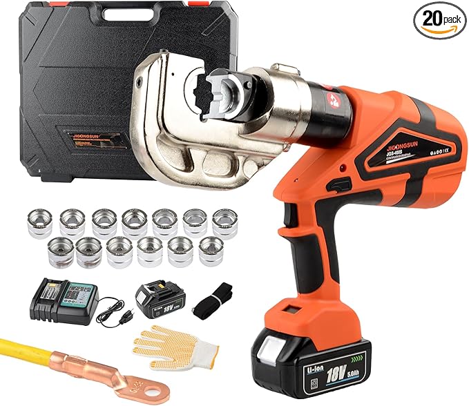 Electric Hydraulic Crimping Tool, Battery Cable Crimper Tool, 12 Ton Wire Crimpers Electrical, Crimping Rang 8AWG-800MCM(10-400m²) and Electrical Crimping Tool 13 Pairs of Dies (JGS-400S)