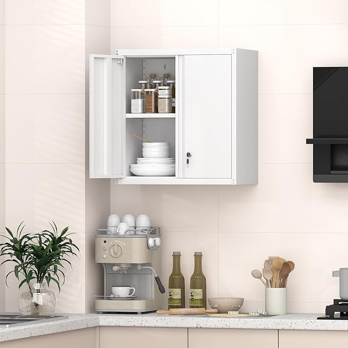 GREATMEET 27.95" H Metal Garage Storage Cabinets, Locking Storage Cabinet, Wall Mount Cabinet for Kitchen, Dining Room, White