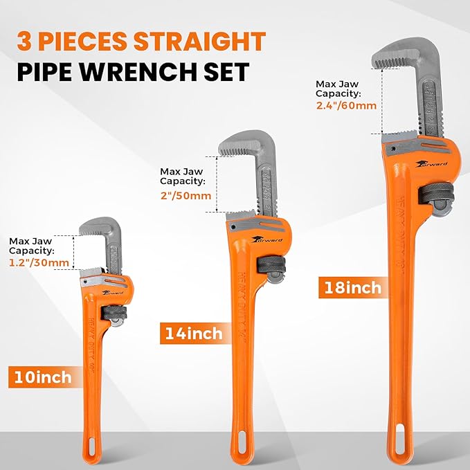 Forward 3pcs Pipe Wrench Set - 10", 14", 18" Heavy Duty Ductile Iron & Forged Steel Plumbing Wrench Hand Tools Kit