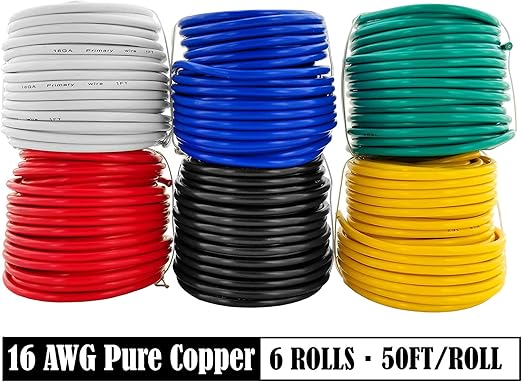 GS Power 300ft 16 Gauge Wire Oxygen Free Pure Copper Primary Wire, 50ft Roll, 6 Colors, OFC 12v 16AWG for Automotive Audio Video Electric Trailer Stereo RC Car Home Theater LED Lamp Wiring Electrical