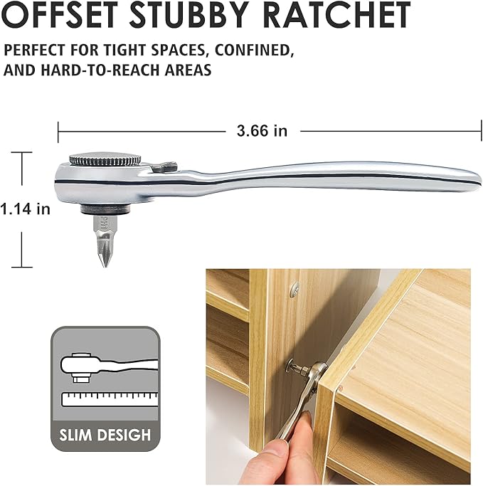 STREBITO Right Angle Screwdriver 32-Piece 1/4 Inch Mini Ratchet Set Low Profile Offset Bit Set with 72-Tooth Ratcheting Wrench Stubby Ratchet 90 Degree Screwdriver for Small Spaces
