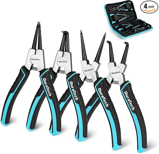 DuraTech 4 PCS Snap Ring Pliers Set, 7 Inch Heavy Duty Internal & External Circlip Pliers Kit with Straight/Bent Jaw, Premium CRV Steel, Precision Spring Loaded C Clip Pliers with Storage Pouch