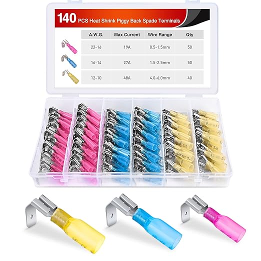 Nilight 140PCS Heat Shrink Piggy Back Spade Terminals Connectors Assortment Kit 22-16/16-14/12-10 AWG Quick Splice Crimp for Auto Cars Trucks Boats and 12V Accessories