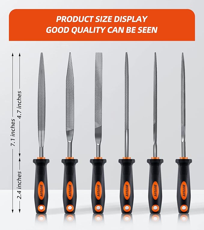 7'' Needle File Set - Carbon Steel 6-Piece With Handles, Hardened Alloy Strength Steel - Includes Flat, Flat Warding, Square, Triangular, Round, and Half-Round Files