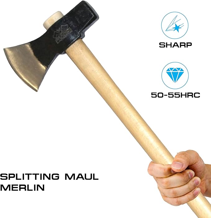 Prandi Axes Merlin C45 Forged Carbon Steel Splitting Maul - Hickory Handle with Leather String - Ideal for Firewood, Splitting, and Chopping - 35.43" L x 8.78" W, 3000g Head 3.014.30.TH - No Sheath