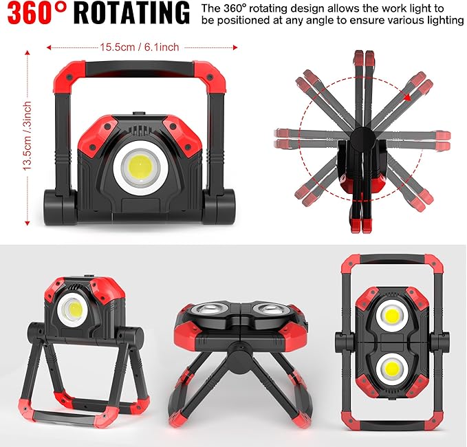 Adelante Rechargeable LED Work Light with Magnetic Bases, 2500LM 6500K 12 Hours Long Lasting, Mobile Charger, 360°Rotating Stand Waterproof USB Portable Flood Light for Mechanics, Repairing
