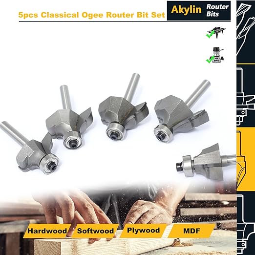 5Pcs Classical Ogee Bit,1/4" Shank,Cove&Bead Router Bits Cutting Depth 5/16",3/8",7/16",1/2",5/8",Edge Forming Cutter for Wood Profiling,Molding