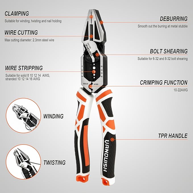 VANQUISH 8-in-1 Linesman Pliers, 8’’ Multipurpose Combination Pliers Wire Cutter/Crimper/Stripper, CRV Steel Hand Tool, Heavy Duty Side-Cutting Pliers for Crimping, Stripping, Shearing, Screwing, 3238