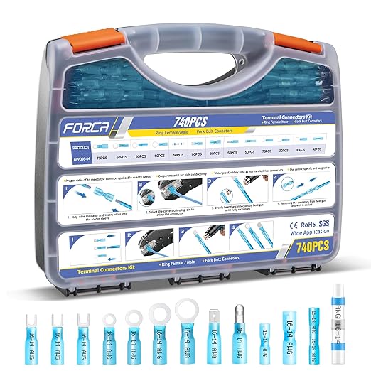 FORCA 740PCS Heat Shrink Wire Connectors Kit, AWG 16-14 Marine Grade Waterproof Crimp, Electrical Solder Seal, Ring Fork Spade Bullet Solder Butt Connectors Blue(13 Types)