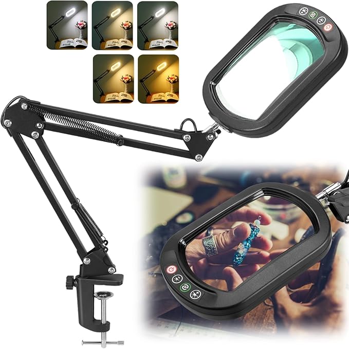 10X Rectangle Magnifying Glass with Light, 5 Color Modes Stepless Dimmable Magnifier with Stand, LED Lighted Clamp Desk Lamp with Swing Arm, Hands Free for Reading Painting Crafts Close Work
