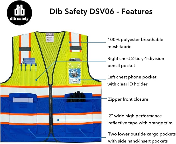 Dib Safety Reflective Mesh Vest High Visibility Two Tone with Pockets and Zipper, Yellow and Blue Mesh with Orange Trim L