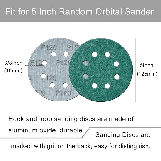 5 Inch 8 Hole 80 Pcs Sanding Discs Set Heavy-Duty Hook and Loop 60 80 100 120 150 180 240 320 Grit Polyester Green Film Backed Sandpaper Wet Dry Sanding Disc for Random Orbital Sander