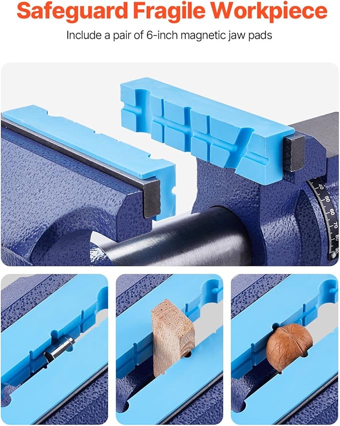 VEVOR Heavy Duty Bench Vise, 6-1/2" Jaw Width, 5" Max Jaw Opening Multi-Purpose Ductile Iron Bench Vise with Anvil, 360° Swivel Base Head, 3" Throat, 5620 lbs Clamp Force, for Pipe Repairing