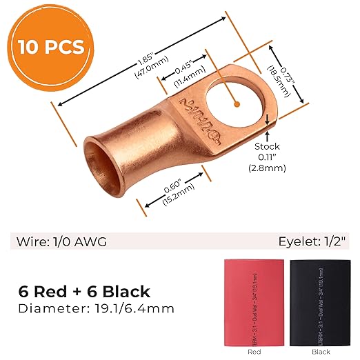 SELTERM 10pcs - 1/0 Awg - 1/2" Stud - Battery Lugs - Ring Terminal Connectors | with 12pcs 3:1 Black & Red Heat Shrink Tubing with Adhesive | Heavy Duty Battery Cable Ends - Bare Copper Wire Lugs Kit