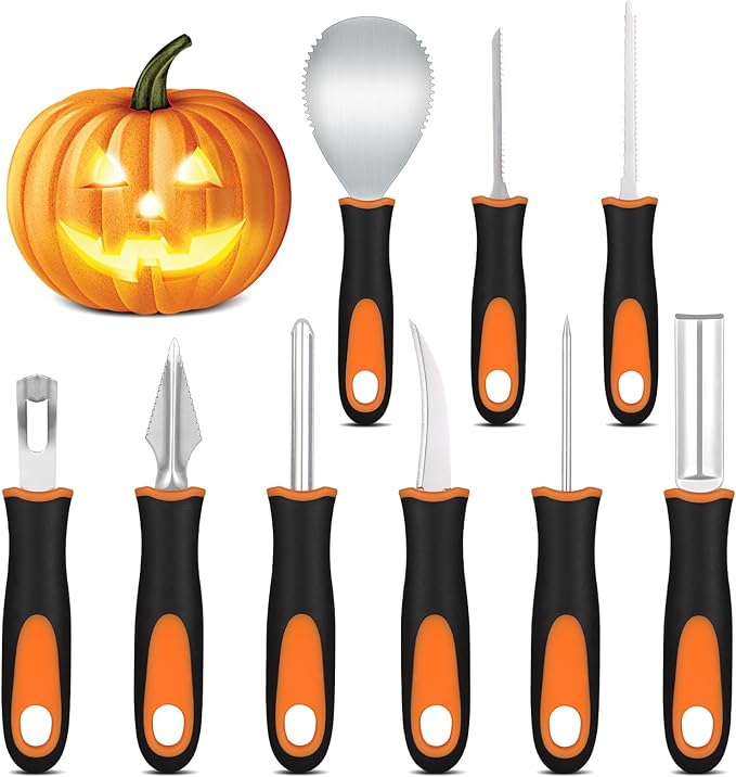 9 Pcs Pumpkin Carving Kit, Halloween Pumpkin Carving Tools, Professional Stainless Steel Pumpkin Carving Knife for Kids & Adults Halloween Gifts Party Supplies Pumpkin Tools