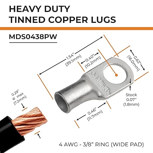 SELTERM 10pcs 4 AWG-3/8 Stud (Wide Pad) Tinned Copper Wire Lugs, Heavy Duty Battery Cable Ends,4 Guage Ring Terminals, UL Battery Lugs Marine Grade Copper Eyelets Battery Terminal Connectors