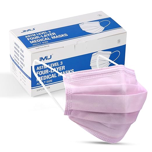 JMU Pink Disposable 4 Ply Earloop Face Masks, 50 Pack Level 3 Filter Protection Face Masks for Adult