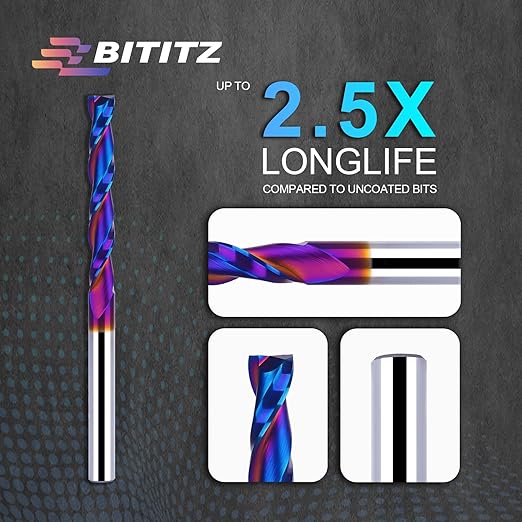 1/4 Upcut Spiral Router Bit 1/4 Inch Shank 2 inch Cutting Length with Extra Long Life Coating CNC Router Bits End Mill for Wood Cutting, Slot Mortise, Engraving