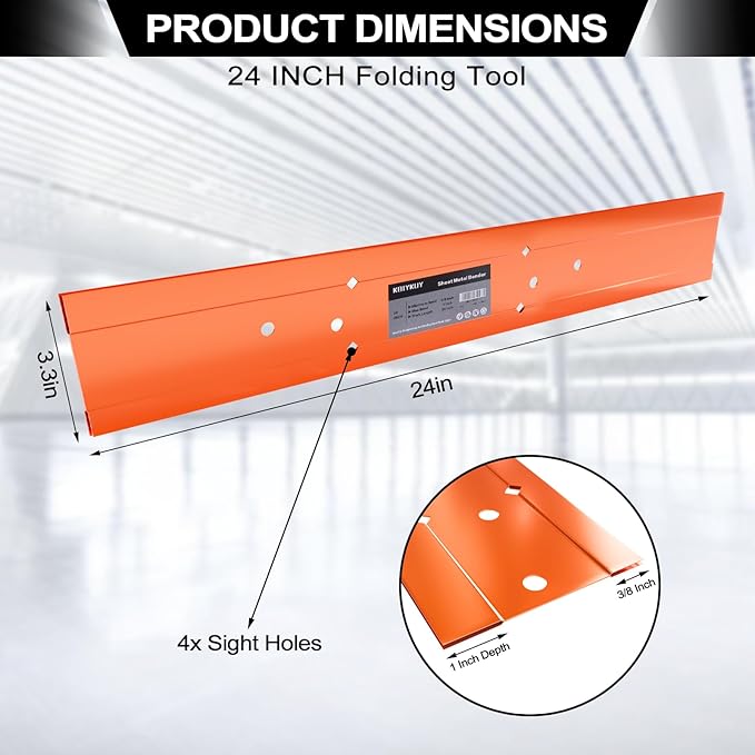 Sheet Metal Bender Folding Tool, 24 Inch Hand Seamer for HVAC Ductwork, Roofing & Metal Panels, 3/8" & 1" Fold Depth, Heavy Duty Steel Brake with High-Visibility Orange Finish