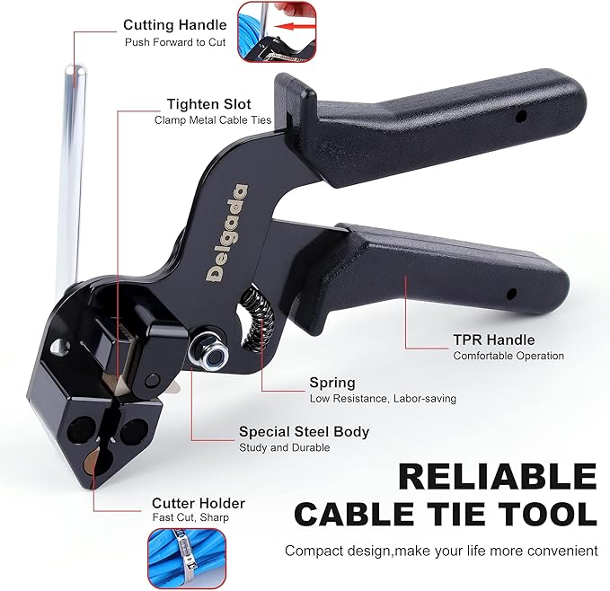 Delgada Metal Zip Tie Gun for Stainless Steel Tie Wrap,Tensioning Installation Gun for Self-Locking Stainless Zip Ties,Tie Fasten Plier—Tightening Cutting Width 12mm