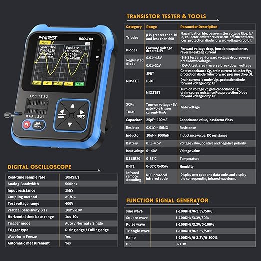 FNIRSI DSO-TC3 Oscilloscope - 3-in-1 Handheld Oscilloscope & DDS Signal Generator & Transistor Tester, 500Khz Bandwidth 10MSa/s Sampling Rate, 6 Types of Waveforms, Transistors Measure