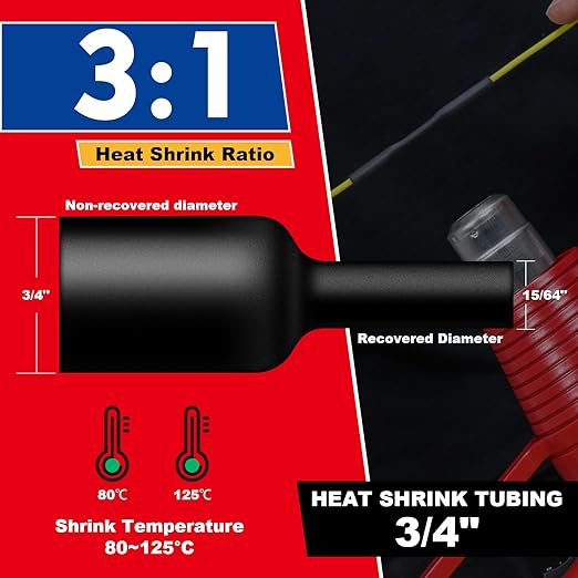 3/4" Heat Shrink Tubing, 32.8 Ft Roll Industry Marine Grade 3:1 Shrink Ratio shrink tubing, Adhesive Lined Heat Shrink Tube, 19.1mm Waterproof Shrink Tube for Wires Home Marine Automotive-Black