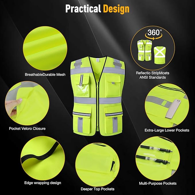 Class 2 Safety Vest with Zipper Front and multiple Pockets, High Visibility Vest, Meets ANSI/ISEA Standards