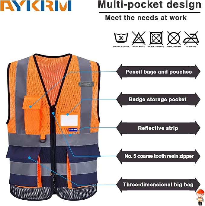A-SAFETY High Visibility Mesh Safety Reflective Vest with Pockets and Zipper,Hi Vis Viz Reflective Safety Vest(Orange&Navy Mesh 3XL)