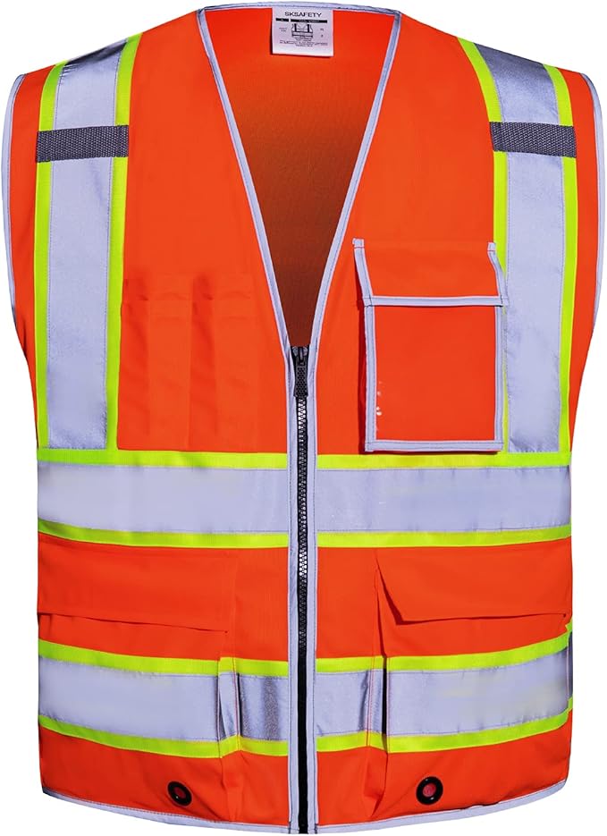 SKSAFETY 10 Pockets Safety Vest, Class 2 High Visibility Security with Zipper, Hi Vis Vest with Reflective Strips, ANSI/ISEA Standard, Construction Work Vest for Men ＆ Women （Orange, 3XL）