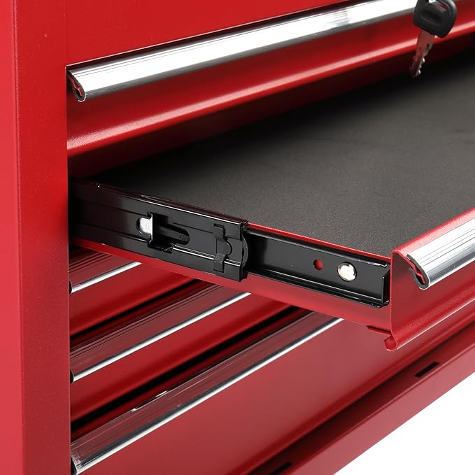 Winado 24" Portable Tool Box, 5 Drawers & Top Storage Tray Tool Box with Drawers, Lockable Metal Tool Chest Cabinet for Garage, Warehouse, Repair Shop & Home, Red