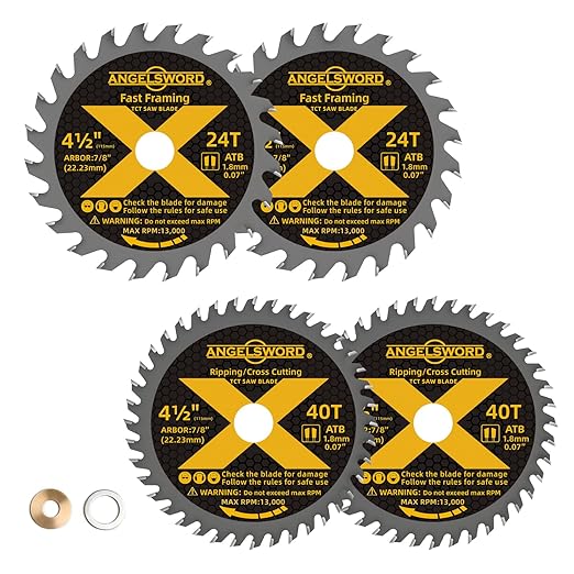 ANGELSWORD 4-1/2 Inch Circular Saw Blade, 7/8" Arbor Used on Angle Grinder, 24T for Framing&40T for Ripping, Cross Wood Cutting, 4 Pack, with 3/8"&5/8" Bushing