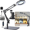 LED Magnifier Desk Lamp with Stand and Clamp, 3 Color Modes & Stepless Dimming 5-Diopter Glass Lens, Adjustable Swivel Arm - Magnifying lamp for Close Work, Repair, Crafts, Reading