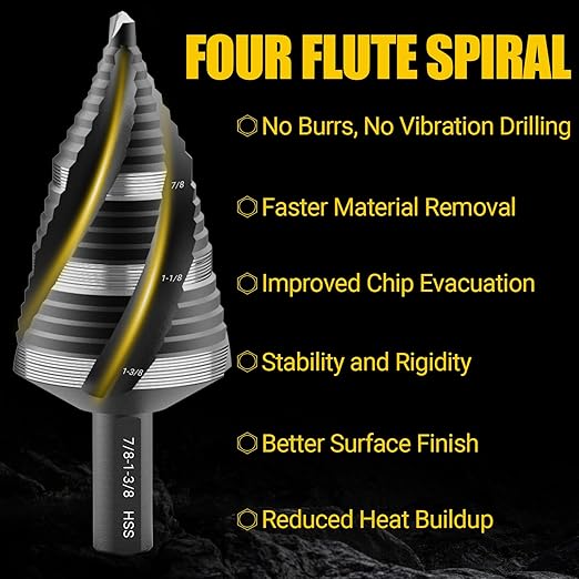 Four Spiral Flute Step Drill Bit, HSS Step Drill Bit 3/16"-1-3/8" (19 Steps) Unibit Step Drill Bit, 1/4" Shank Step Bits for Aluminum, Wood, Plastic, Metal